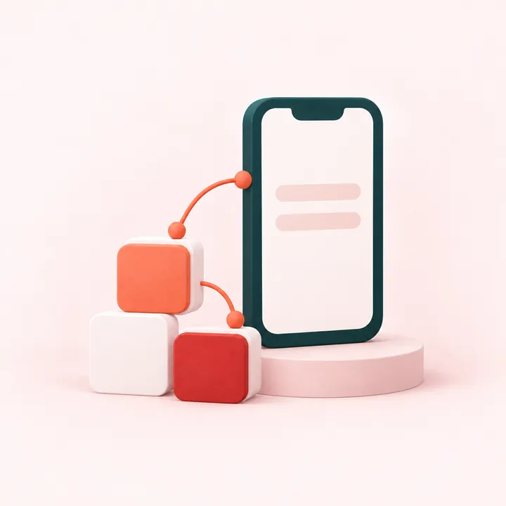 Ilustración 3D de un teléfono móvil conectado a tres bloques de construcción