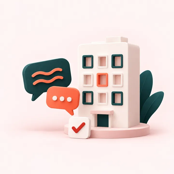 Ilustración 3D de un edificio de viviendas junto a un chat con aviso de escritura y una casilla marcada