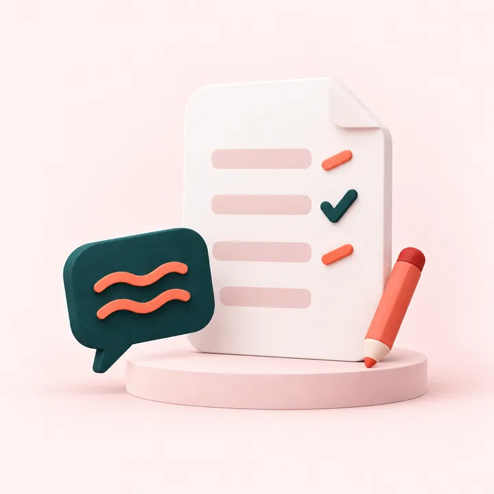 Ilustración 3D de un documento con lista de comprobación, lápiz y chat durante una revisión