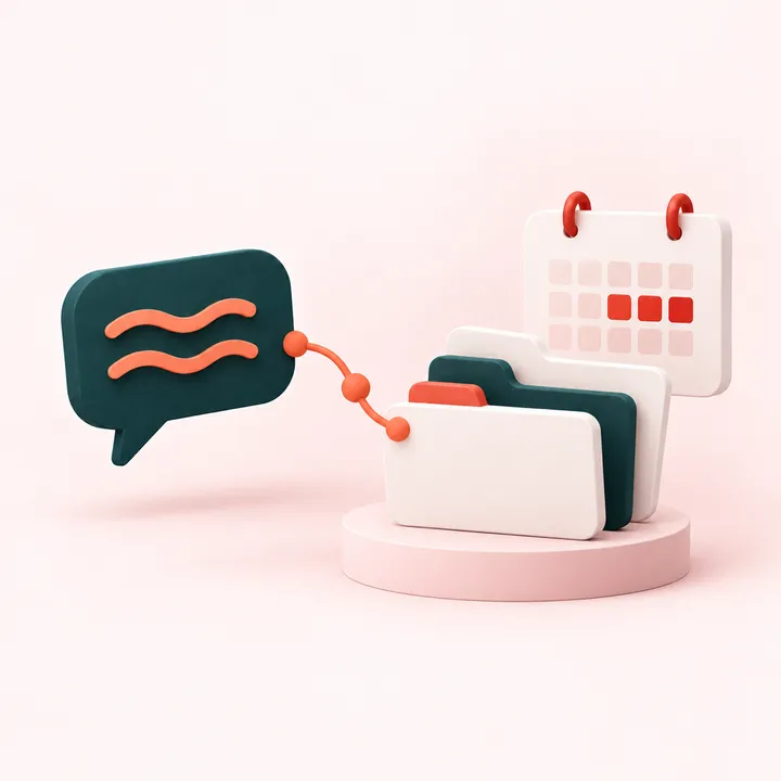 Ilustración 3D de un chat conectado a carpetas de gestoría y un calendario con varios días marcados