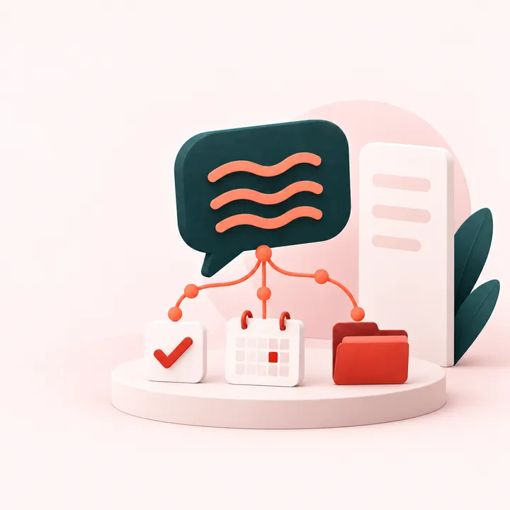 Ilustración 3D de un chat conectado a una tarea, un calendario y una carpeta junto a un documento